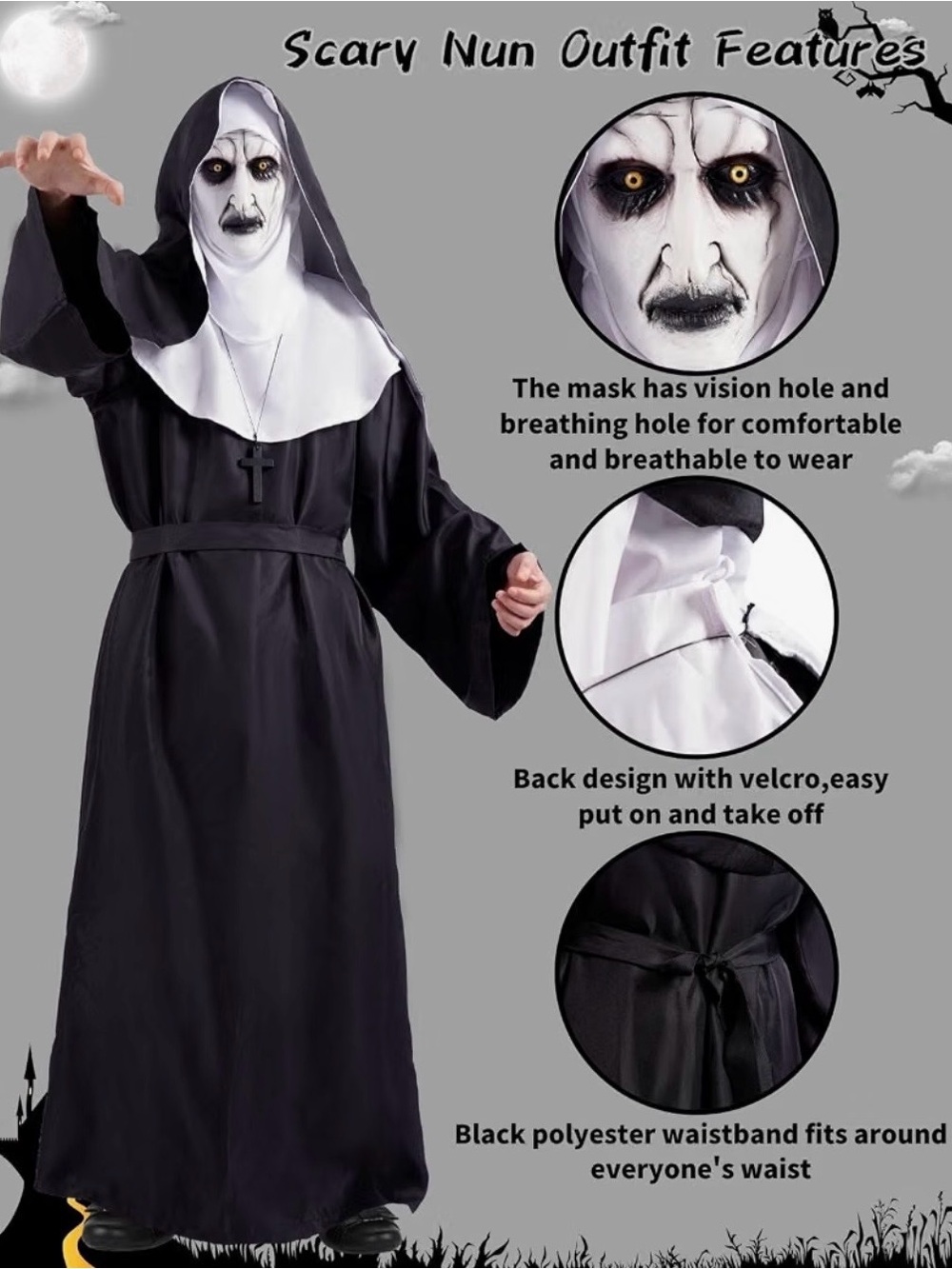 Nun Costume Woman Scary Halloween Evil the Nun Outfit for Women Men
